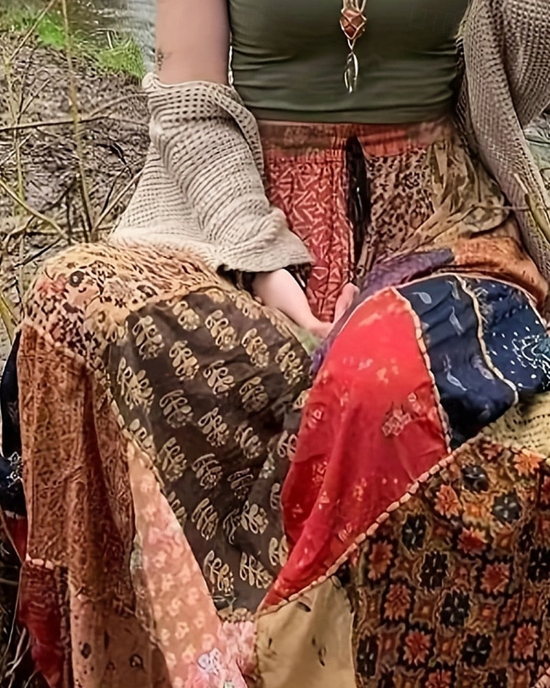 Women's Skirt Casual Boho Maxi Mid Rise Skirts Floral Print Micro-elastic Vacation Street Red Blue Summer Polyester